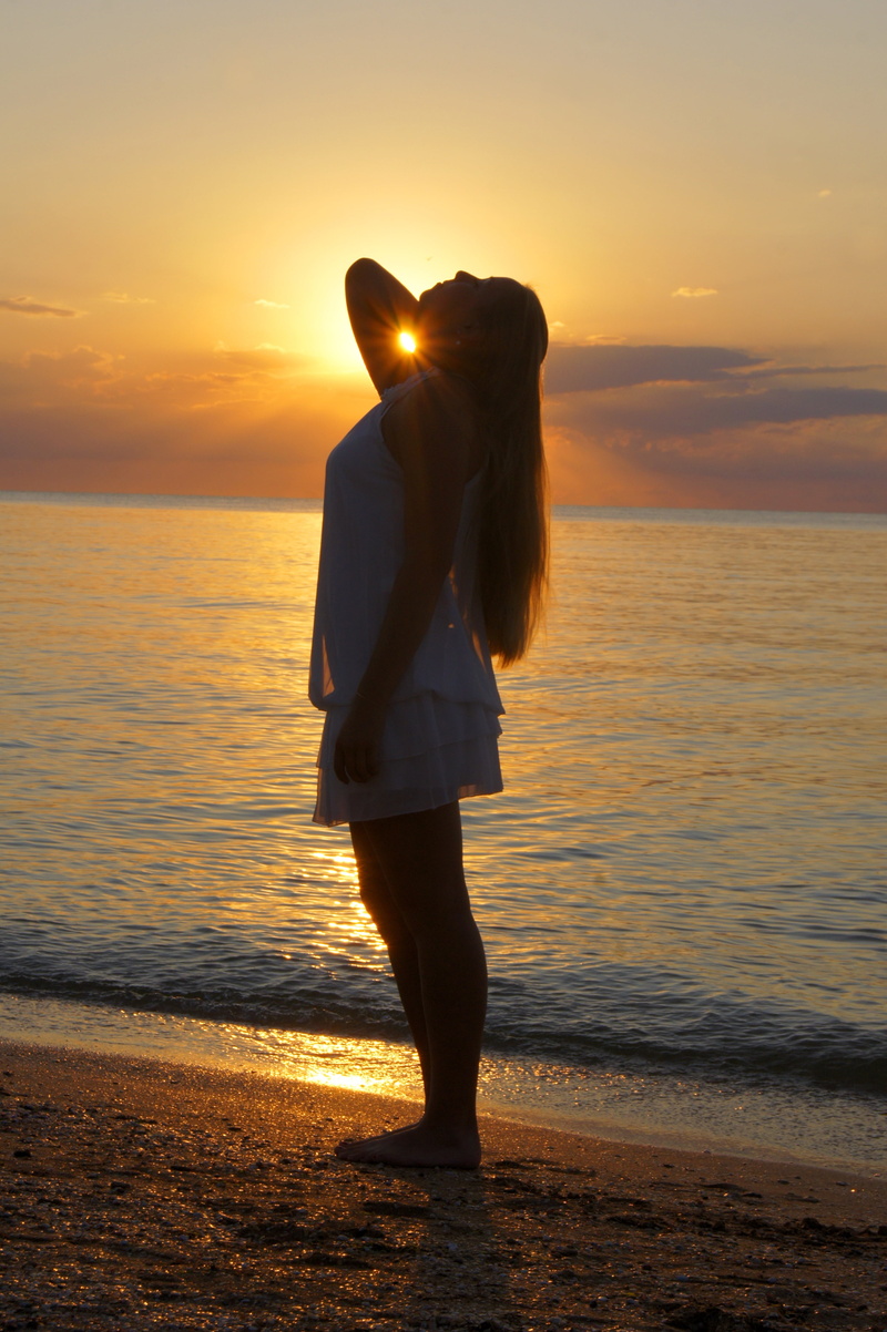women, water, 4K, sea coast, beauty in nature, standing, sun, tank, orange color, journey, rear view, seascape, scenics - nature, silence, evening shore