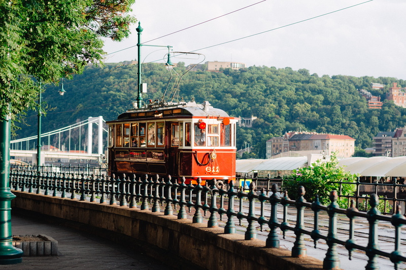 sky, railing, budapest, tree, cable, person, rail transportation, incidental people, path, banister, track, railway, cable car, train track, transportation