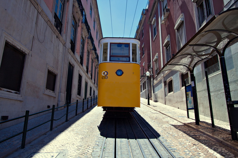 urban Scene, rail transportation, clear sky, mode of transportation, outdoors, railroad Track, sky, track, window, tram, transportation, sunlight, shadow