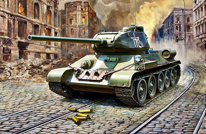 WWII, The Red Army, 2nd TC., the ruins of the house, sleeve, 1080P, tram tracks, T-34/85, 4th GW.MAF