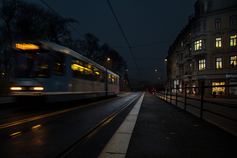 nature, public transportation, no people, street, tracks, building exterior, blurred motion, track, blur, dark, norway, outdoors, city, railroad track