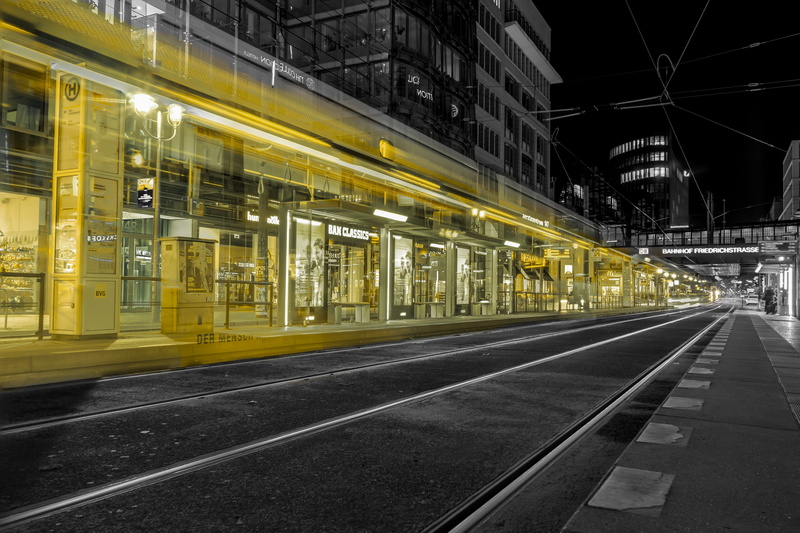 architecture, yellow, night photograph, illuminated, railroad station platform, modern, the way forward, color key, city, mode of transportation, transport