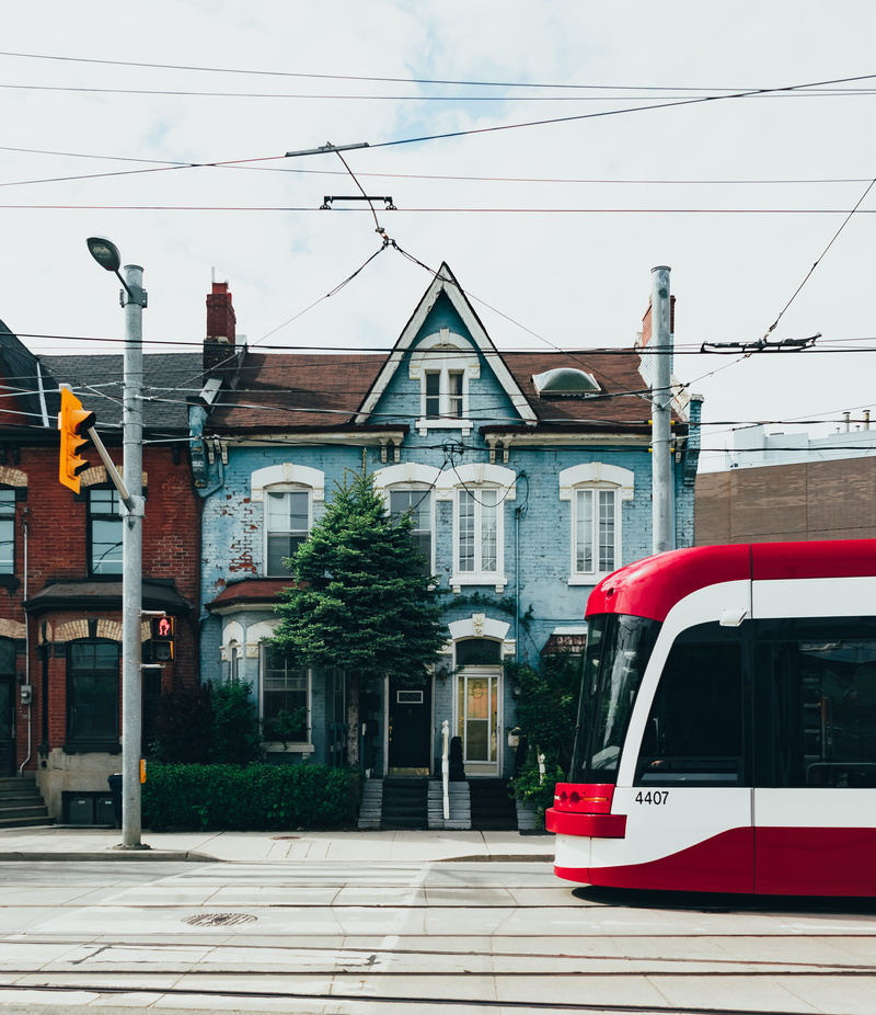 locomotive, car, public transportation, middle, houses, architecture, buildings, urban, tram, building exterior, nature, building, train, road, public transport