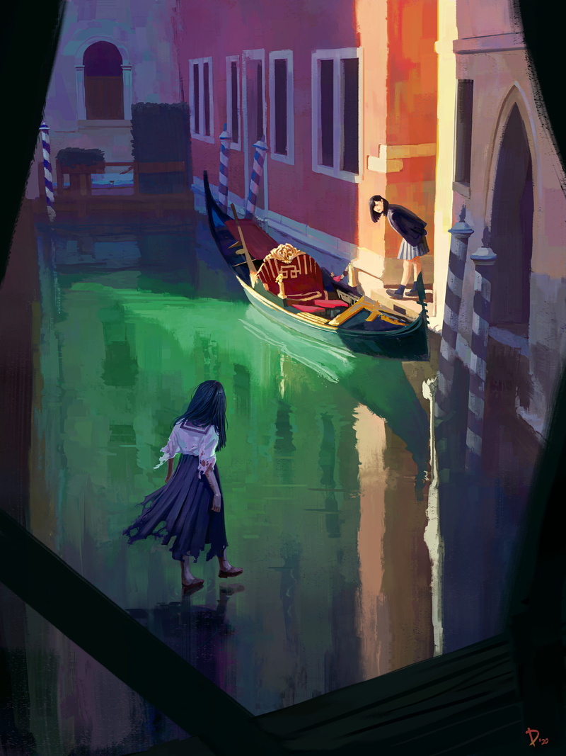 women, creepy, digital painting, river, 2K, digital art, torn dress, artwork, fan art, torn clothes, ghost, schoolgirl, portrait display, Dani Naimare