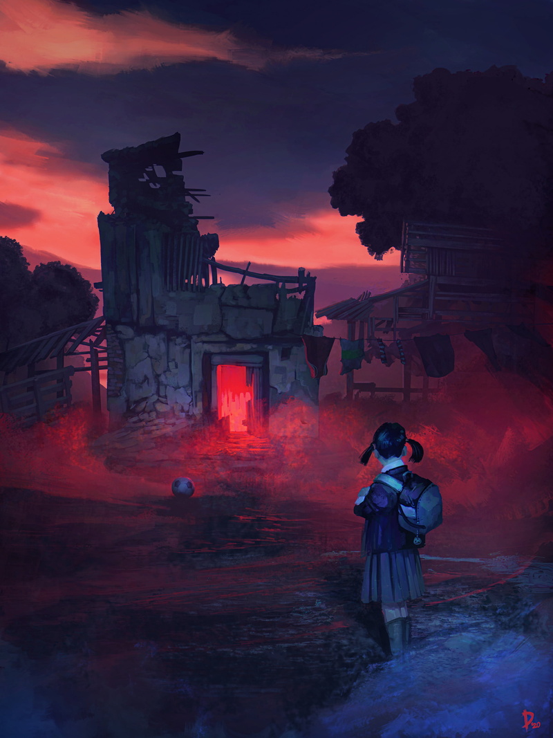 digital art, women, standing, orange sky, portrait display, artwork, young woman, Football, spooky, ponytail, digital painting, abandoned, creepy, ArtStation