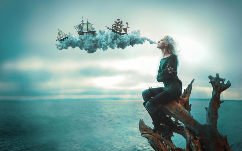 illusion, ships, girl, 1080P
