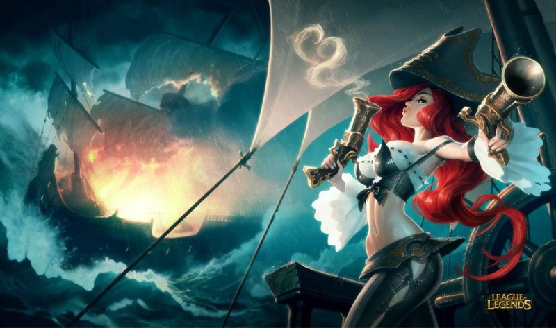 ocean, fortune, guns, miss, girl, miss fortune, video games, weapons, red hair, fire, pirate, 1080P, games, ship