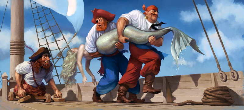pipe, mermaid, blonde, men, 1080P, bare back, fantasy, bare shoulders, rope, rigging, girl, mast, blindfold, hat, Pirates, fantasy art, artwork, ship