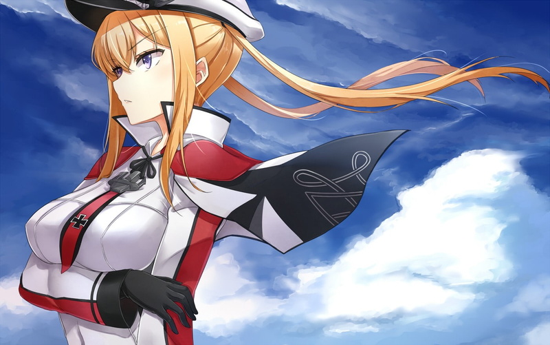 low angle view, Graf Zeppelin (KanColle), twintails, representation, shape, cloud - sky, art and craft, ribbon, human representation, no people, sculpture