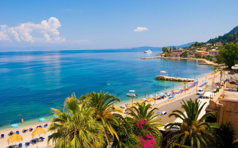 summer, horizon, high angle view, plant, nature, sailboat, landscape, palm trees, road, horizon over water, sea, blue, palm tree, water, palm, Greece, scenics - nature