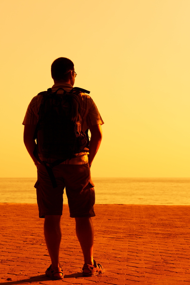 horizon, alone, people, land, orange, looking at view, nature, men, beach, sunrise, horizon over water, sea, sky, beauty in nature, uniform, watching, orange color