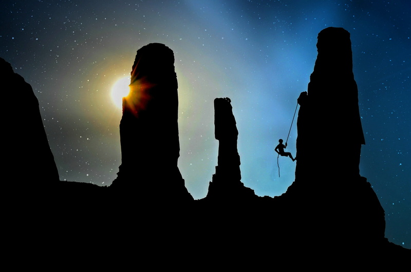 sky, adventure, secure, shadow, leisure, dawn, man, backlit, travel, landscape, sunrise, scenics - nature, steep, leisure activity, rock climbing, rock