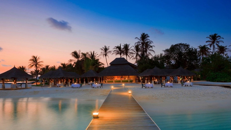 summer, plant, nature, swimming pool, illuminated, evening, asia, pool, beach, resort, holiday, palm tree, building exterior, 1080P, island, sky, built structure
