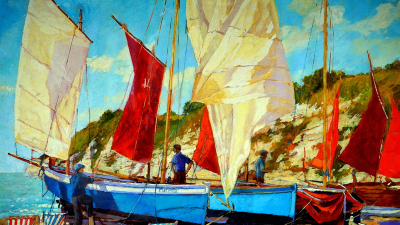 port, lifestyles, painting, men, transportation, day, sail, mode of transportation, travel, fishing boat, outdoors, real people, multi colored, flag, occupation