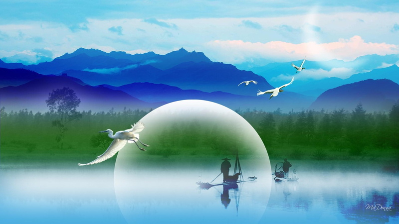 landscape, 1080P, clouds, oriental, river, trees, lscape, birds, fishermen, chinese, mountains, 3d and abstract