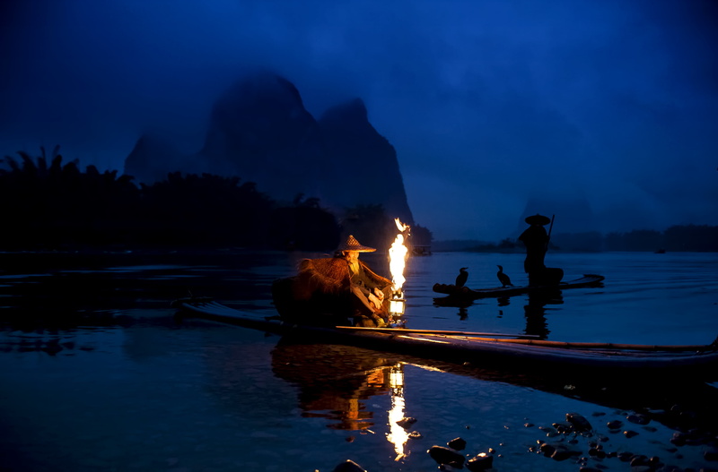 cormorants, medium group of people, river, heat - temperature, fishing, group of people, Yangtze, silhouette, people, men, fishermen, beauty in nature