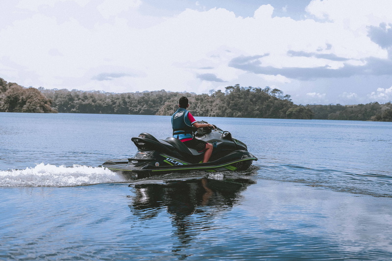 riding, green, man, jetsky, two people, transportation system, 5K, sitting, water, young, leisure activity, trees, daylight, action, nature, sky, nautical vessel
