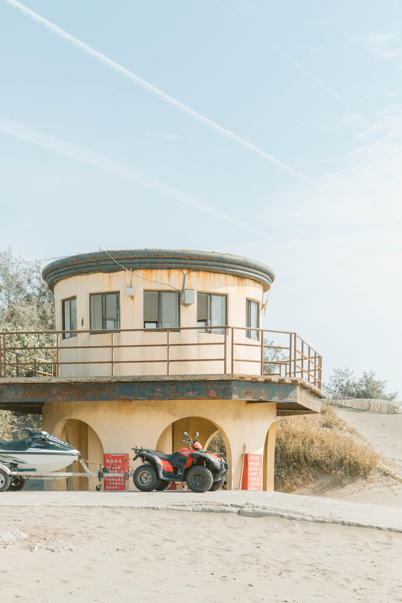 travel, observatory, sunlight, atv, built structure, mode of transportation, dune, boat, nature, red, handrail, black, rust, watercraft, building, trailer