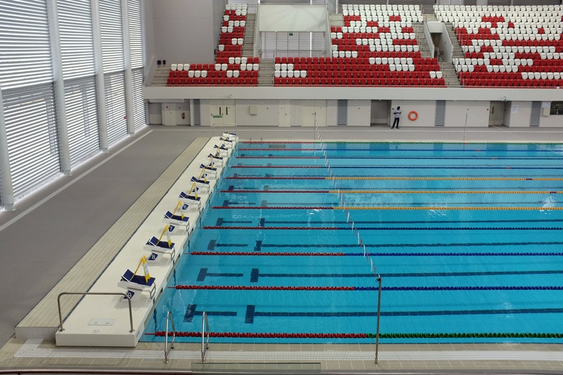 adult, watersport, occupation, stadium, man, pool, area, high angle view, building, bleachers, olympic swimming pool, men, built structure, swimmer, outdoors