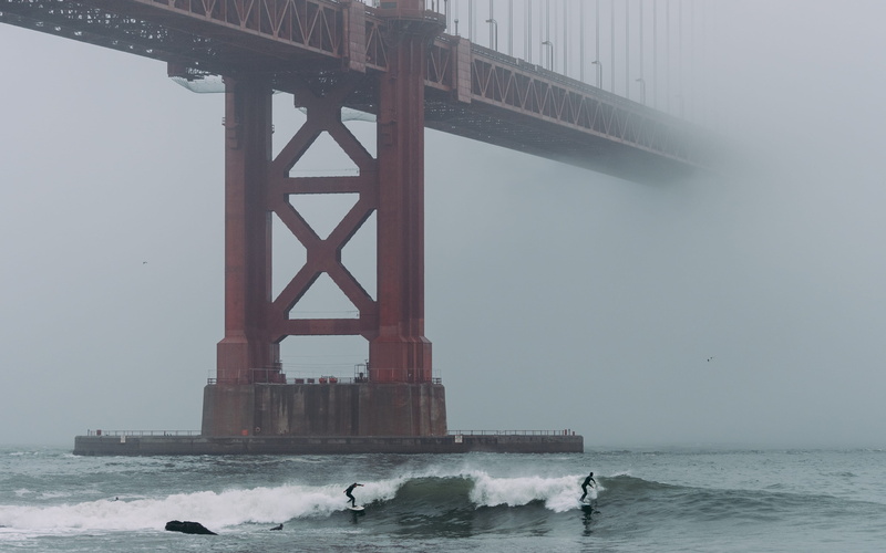 winter surfing, nautical vessel, watersport, fog, san francisco, wafe, 4K, connection, water, built structure, motion, nature, no people, clear sky, architecture