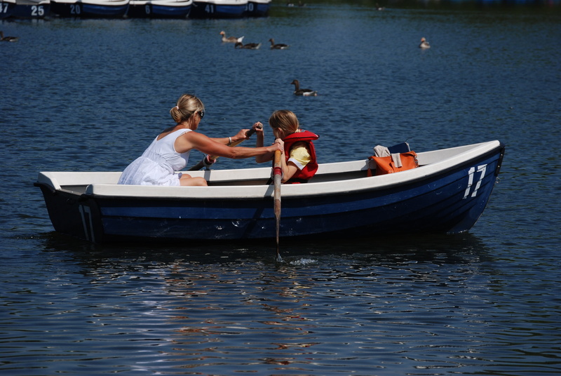 people, lifestyles, mode of transportation, fun, nautical Vessel, sitting, two people, watersports, 4K, rear view, travel, mother, rowing, lake, outdoors