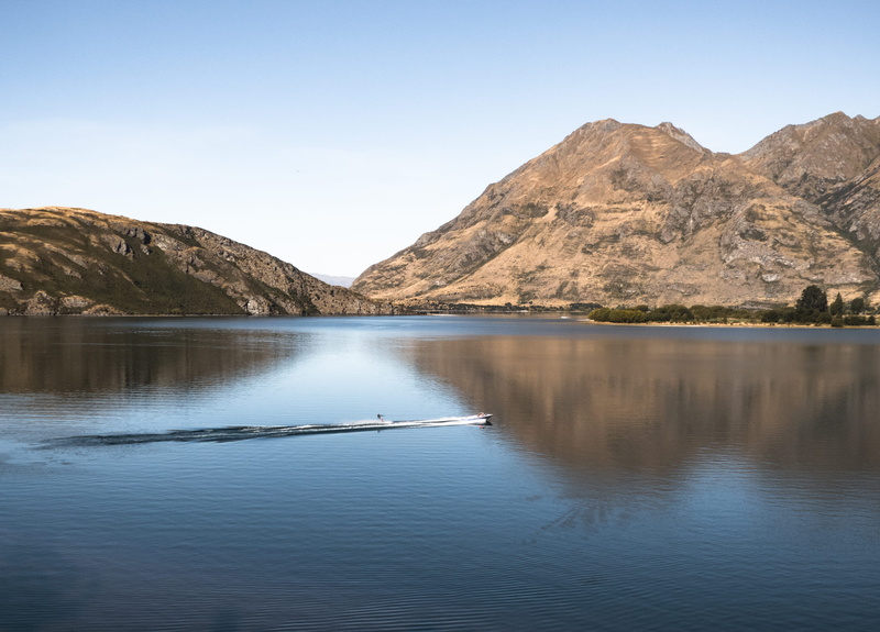 mountain range, boat, clear sky, waterski, sky, calm, day, beauty in nature, mountains, lake, hills, nature, waterfront, water, 4K, nautical vessel, outdoors