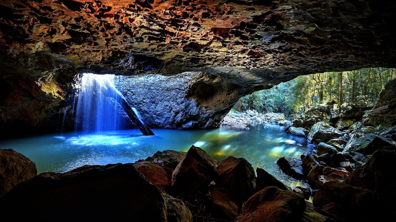 brisbane, cave, long exposure, tranquility, motion, sea, no people, scenics - nature, rock, waterfall, springbrook national park, 1080P, outdoors, flowing water
