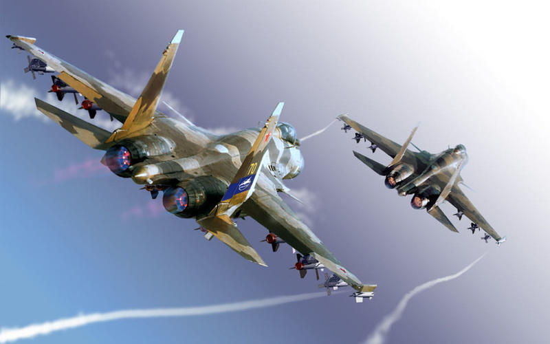 the plane, multipurpose, su-37, Flanker-F, Sukhoi, flying, military airplane, missiles, on the move, two, low angle view, clear sky, military, day, mode of transportation