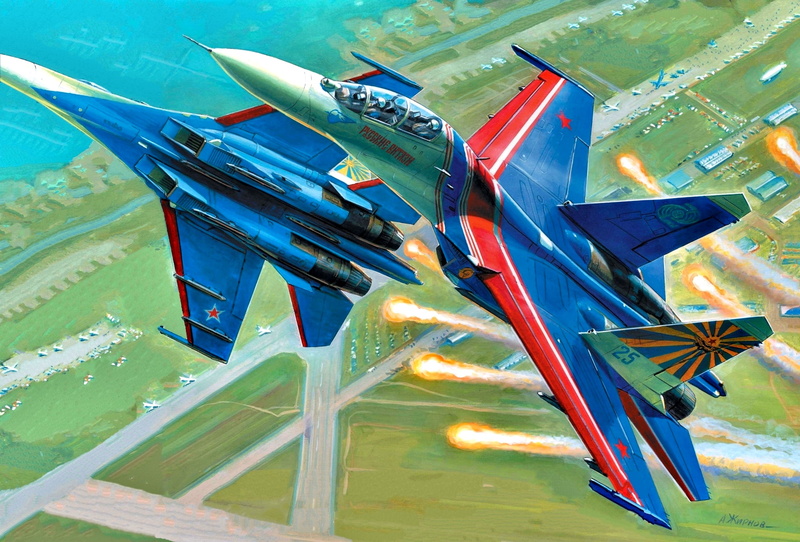 weatherproof, Su-27UB, Russia, Videoconferencing Russia, art, Soviet/Russian, the fourth generation fighter, Russian Knights, 1080P, aviation group aerobatics