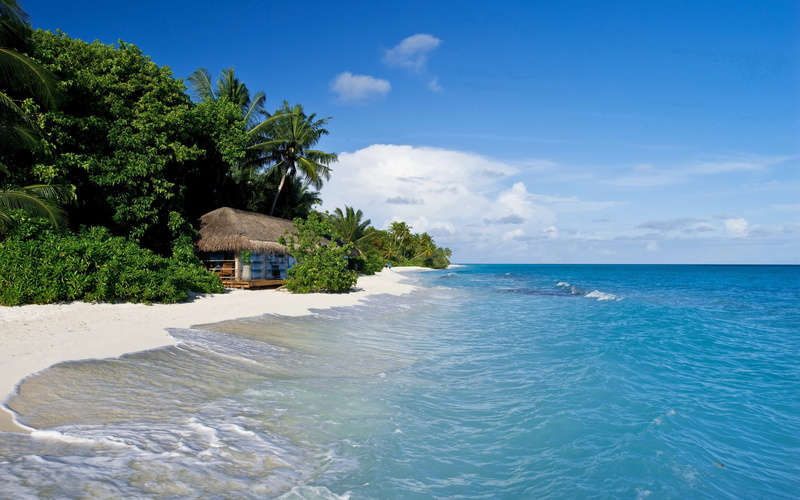 beach, palm trees, Sea, huts, tropical, 2K, water, Kuramathi, Maldives, sand, body