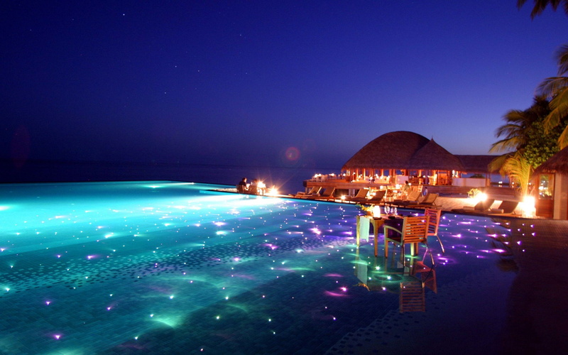 water, swimming pool, 2K, hotel, beach, chair, hut, glowing, sky, Maldives