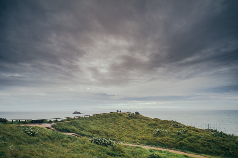 view, no people, beauty in nature, grass, outdoors, 5K, land, tranquil scene, ocean, muriwai beach, green color, cloudy, water, seaside, non-urban scene