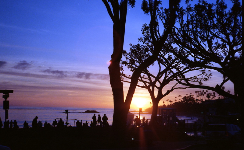 ocean, cloud - sky, orange color, laguna beach, land, silhouette, bay, group of people, united states, sky, sun, 4K, beauty in nature, trees, sunset, summer