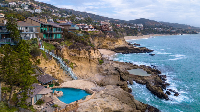 no people, rock - object, high angle view, day, outdoors, sea, beach, california, scenics - nature, built structure, rock, coast, tranquility, pools, solid