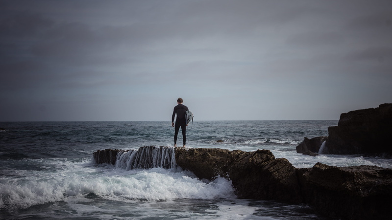beach, water, power in nature, laguna beach, california, rocks, horizon, nature, standing, surfing, rock - object, surfer, one person, sea, rock, sky, 5K