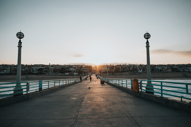 water, connection, sunset, golden hour, tourism, street, bridge - man made structure, city, socal, surf town, surf city, travel, nature, railing, sunrise