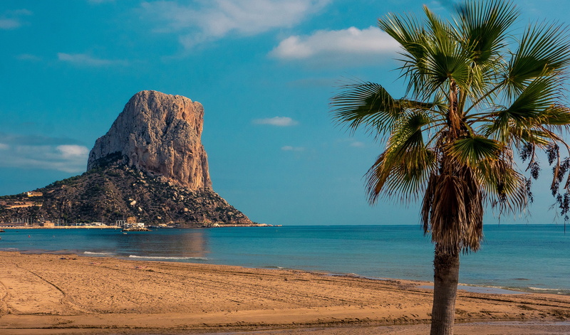 coast, 4K, outdoors, beauty in nature, mountains, tropical tree, land, palm, palm tree, tranquil scene, summer, scenics - nature, surrealistic, calpe