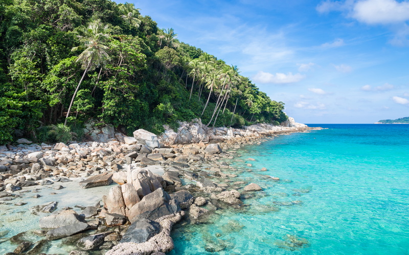 rocks, 5K, scenics - nature, tree, stones, nature, coast, tranquil scene, perhentian islands, turquoise colored, idyllic, non-urban scene, solid, island