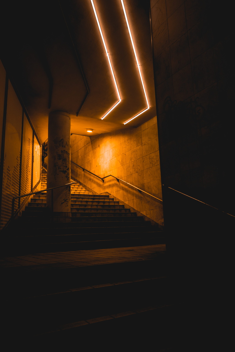 architecture, dark, stair, going up, night street, steps, diminishing Perspective, night light, built Structure, sparse, night, streetphotography, illuminated