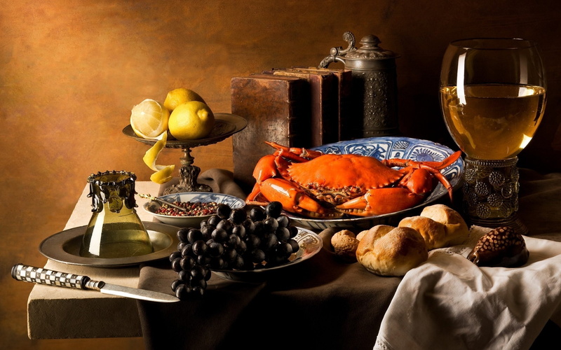 table, crabs, ready-to-eat, no people, indoors, household equipment, lemons, grapes, 2K, fruit, refreshment, books, crockery, glass, wineglass, bread
