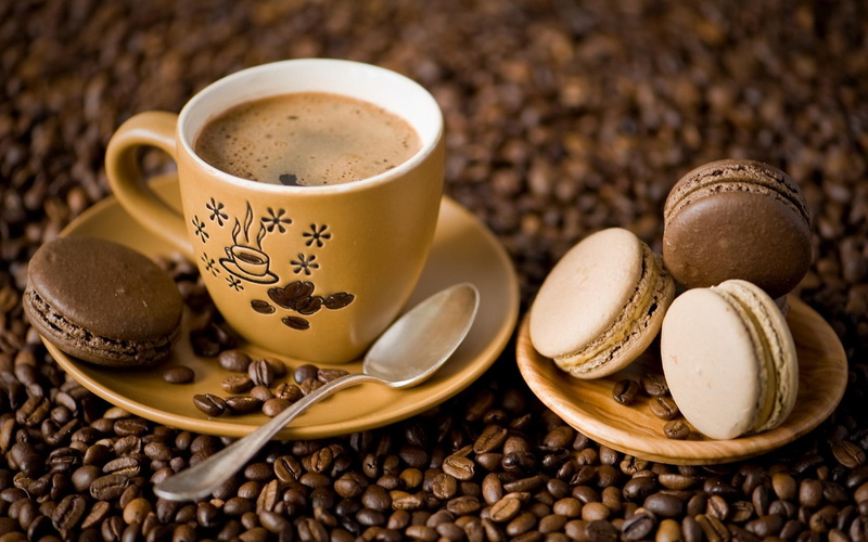 1920x1200, cup, macaroons, coffee, 1080P, photography, macaroon, yellow, ceramic, bean, tea