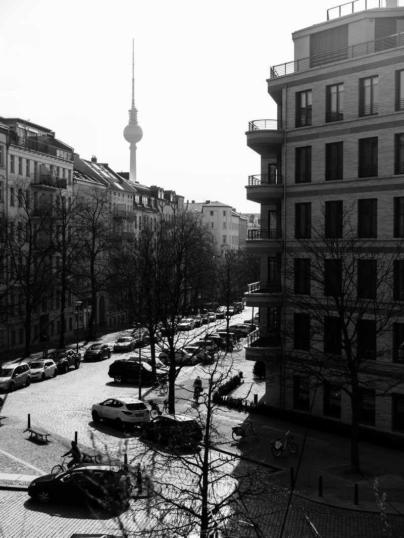 mode of transportation, office building exterior, urban, tower, snow, built structure, germany, street, outdoors, tree, bnw, spire, pankow, building, no people