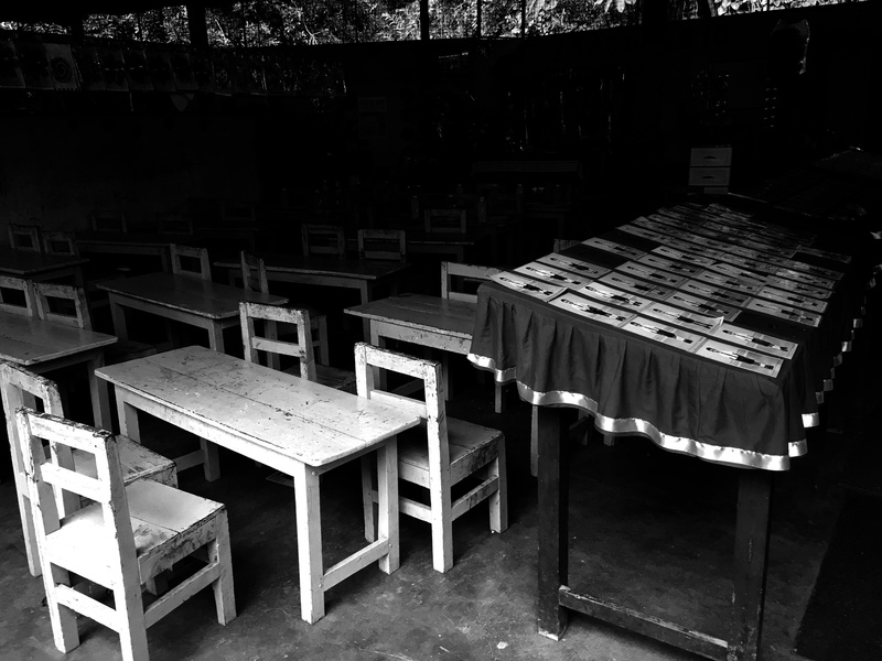 architecture, chairs, old, day, banco, no people, srilanka, abandoned, table, large group of objects, bench, furniture, dark, desks, seat, school, high angle view