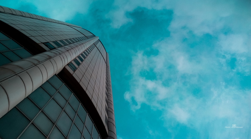 white, srilanka, glass - material, reflection, tower, low angle view, tall - high, buildings, clouds, sky, skyscraper, turquoise colored, modern, financial district