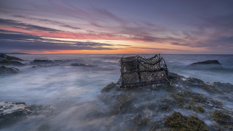 rock - Object, sea, evening, waves, Beach, landscape, seashore, Sunset, seascape, Anglesey, Cymru, lobster pot, sea  water, nature, 720P, White, seaweed