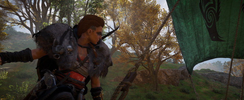 flag, green, Assassins Creed, landscape, yellow, Eivor, 2K, trees, Assassins Creed: Valhalla