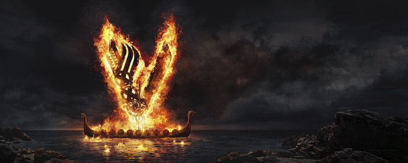 the Vikings, night, sea, vikings, 2K, fire, Drakkar