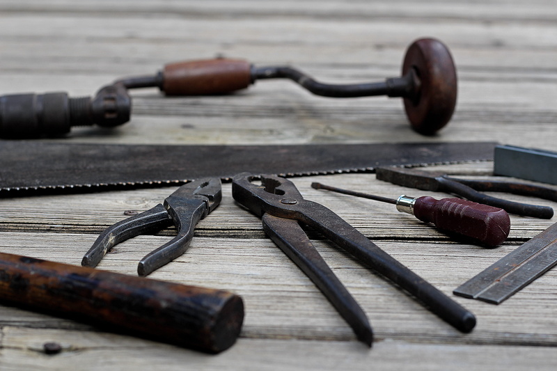 day, still life, tool, old tools, screw driver, hand drill, manual pliers, old school tools, table, hammer, work tool, variation, wood - material, hand tools