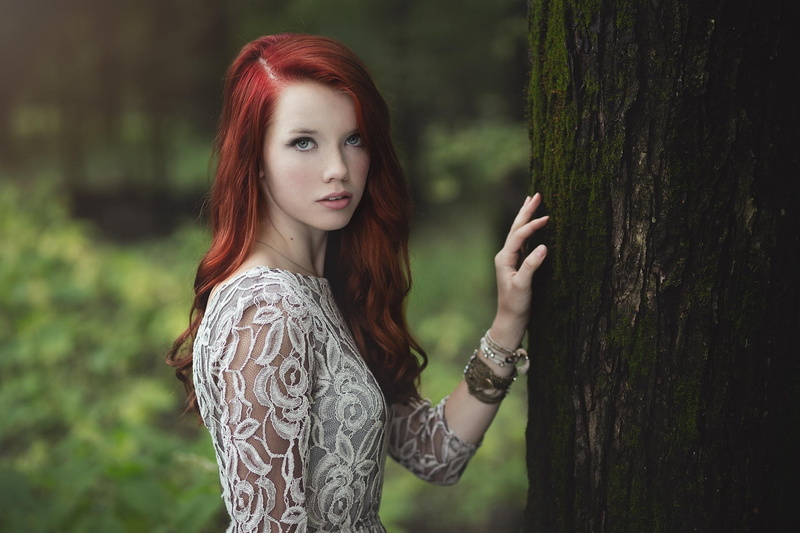 white dress, 720P, long hair, model, looking at viewer, women, Abbie Schmitt, women outdoors, see-through clothing, open mouth, moss, nature, trees, redhead