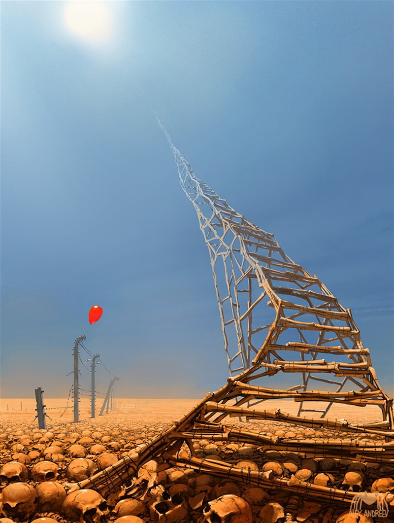 surreal, outdoors, day, steel, communication, copy space, sky, no people, built structure, connection, human, bones, Alexey Andreev, concept art, portrait display